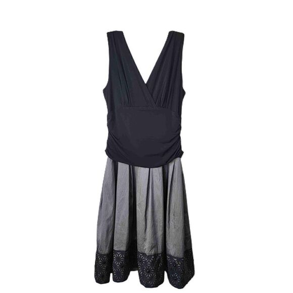 S.L Fashions Black Gray Two Tone V Neck Sleeveless Pleated Skirt Cocktail Dress